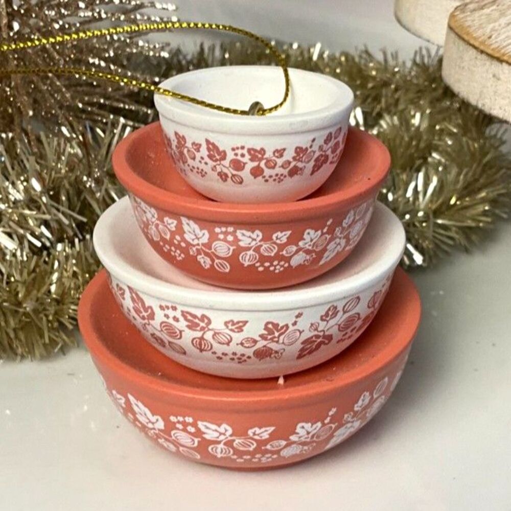 Pyrex Inspired minature Gooseberry Bowl stack Christmas ornament Twinkle Toast